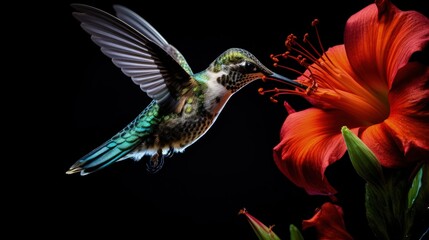 Obraz premium A juvenile Ruby-throated humming bird feeding on a flower, Ontario, Canada