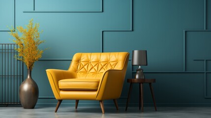 Yellow chair and blue coffee table against. Generative AI.