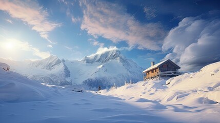 Winter panorama with ski hut in the snow