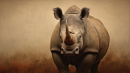 portrait of a large african rhino standing in front of a brown b - Powered by Adobe