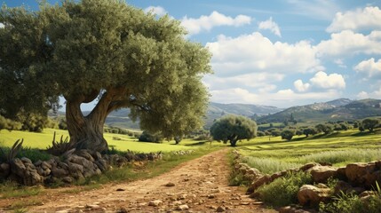Green olive trees farmland, agricultural landscape with olives plant among hills, olive grove garden, large agricultural areas of olive trees - obrazy, fototapety, plakaty