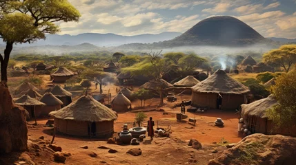 Poster Chocoladebruin Village and houses of the Samburu tribe in Kenya.