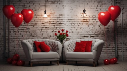 Interior of room decorated for Valentine's day with air balloons and comfortable sofas near grey brick wall