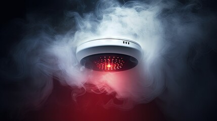 Smoke detector. Home studio ceiling. Smoke and fire protection. Work safety. Elements of a smart home. Home security ecosystem. - obrazy, fototapety, plakaty