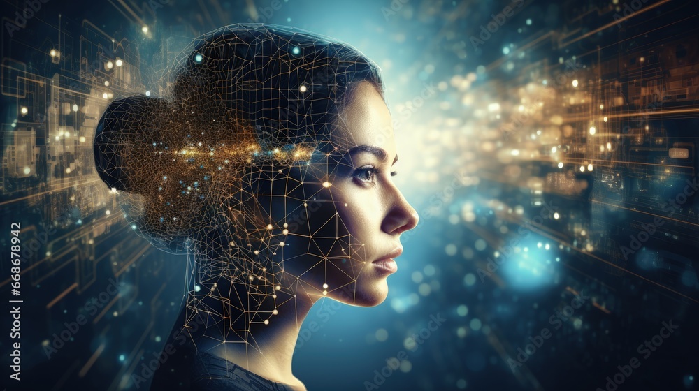 Poster double exposure image of virtual human 3dillustration on world map and learning technology background represent learning process.