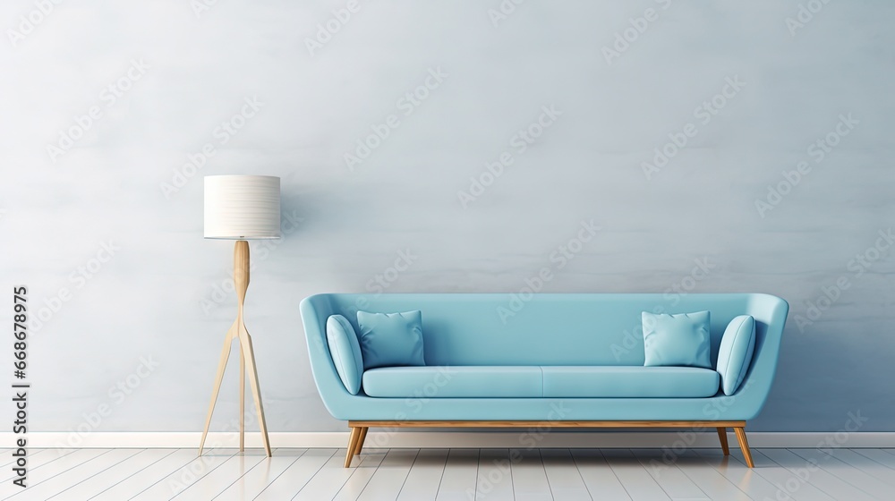 Aufkleber mock up empty wall in interior background with blue sofa, scandinavian style. 3d rendering