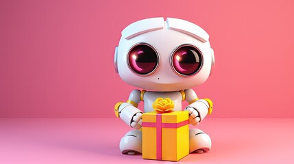 Cute robot with heart eyes holding present isolated over pink and yellow background. Technology concept. 3d rendering.