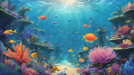 Journey to the Underwater Realm: A 2D Blue Illustration of Marine Life, Coral Reefs, and Diverse Ocean Wildlife