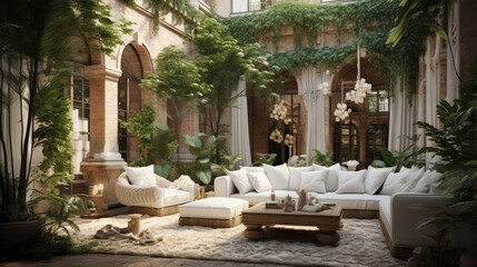 Amazing courtyard design with wicker sofas and lots of greenery