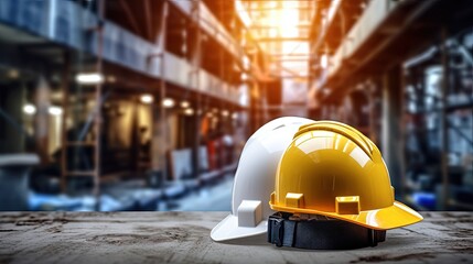 white, yellow hard safety helmet hat for safety project of workman as engineer or worker, on concrete floor on city - obrazy, fototapety, plakaty