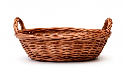 Obraz premium Empty wicker basket with handles isolated on white