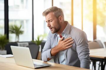 Man touching chest in pain and breathing through asthma inhaler at table - obrazy, fototapety, plakaty