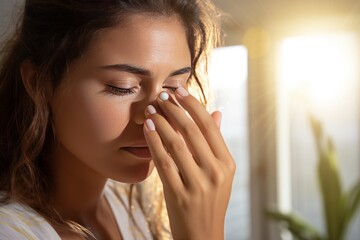 Woman applies eye lubricant to treat dry eyes or allergies - obrazy, fototapety, plakaty
