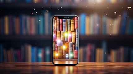Media book library concept in smartphone. E-book, reading an ebook to study on e-library at school. E-learning online, archive of books. E-Learning Concept. 3d rendering. - obrazy, fototapety, plakaty