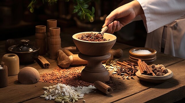 Traditional chinese medicine with herb and spices in brown wooden background doctor using mortar and pestle for advertising , traditional content