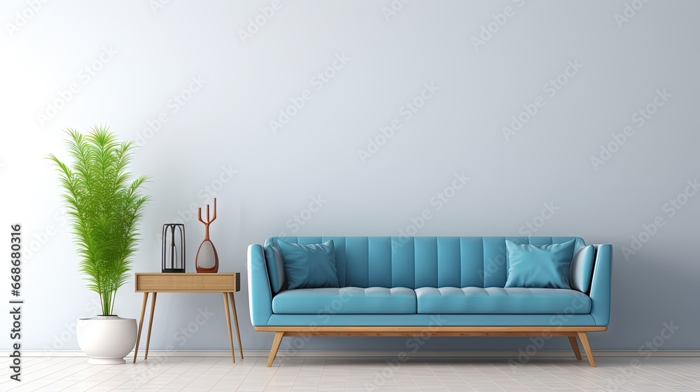 Aufkleber mock up empty wall in interior background with blue sofa, Scandinavian style. 3d rendering