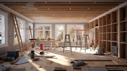 3D rendering of a house interior under renovation works