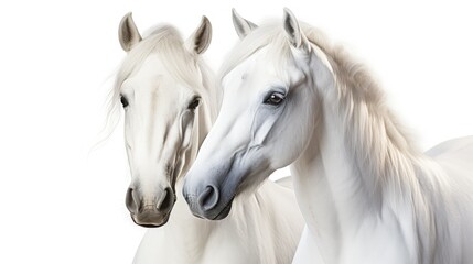 Obraz na płótnie Canvas Couple of beautiful white horses isolated on white background. High key image