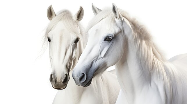 Couple of beautiful white horses isolated on white background. High key image