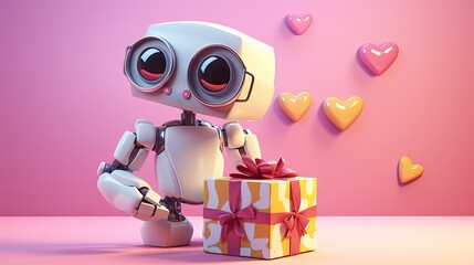 Cute robot with heart eyes holding present isolated over pink and yellow background. Technology concept. 3d rendering. - obrazy, fototapety, plakaty