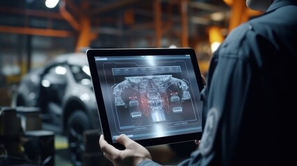Male engineer holding a computer tablet engine design Hologram car model in HUD UI, GUI, hardware diagnostics, engine condition