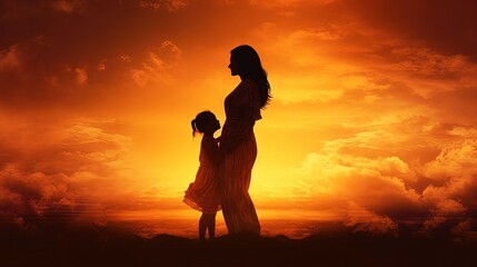 Fototapeta na wymiar Silhouettes of mother and child in her arms on the background of sunset sky