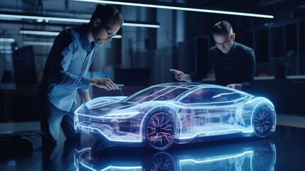 Two professional automotive engineers choose the shape of an electric car using a futuristic augmented reality hologram. 3D computer graphics of high-tech automotive development, animation, VFX.