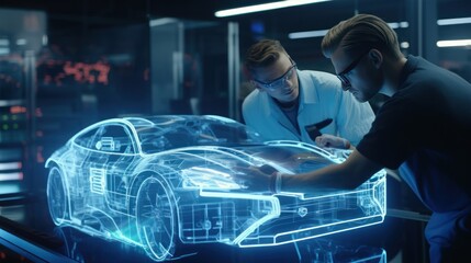 Two professional automotive engineers choose the shape of an electric car using a futuristic augmented reality hologram. 3D computer graphics of high-tech automotive development, animation, VFX. - obrazy, fototapety, plakaty