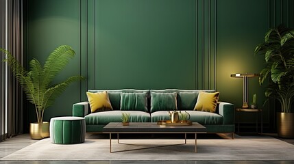 Luxury living room in house with modern interior design, green velvet sofa, coffee table, pouf, gold decoration, plant, lamp, carpet, mock up poster frame and elegant accessories. Template.
