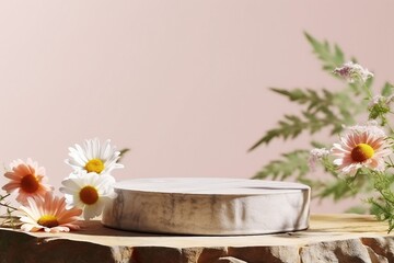 empty mockup of stone podium, Cosmetic display stand with daisy blossom flowers on brown...