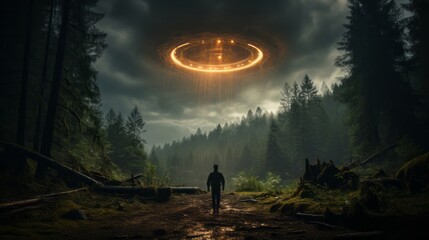 A man standing on a path looking at a large ufo above. Generative AI.