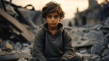 Little sad boy sitting in front of collapse buildings area, War victim.