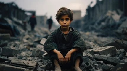 Foto op Plexiglas Little sad boy sitting in front of collapse buildings area, War victim. © visoot
