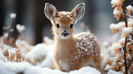 Poster Im Rahmen Baby deer in winter. Generative Ai © Vika art