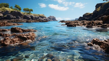 A rocky beach with blue water. Generative AI.