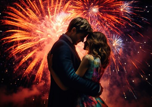 As The Clock Struck Midnight, Their Bodies Intertwined In A Joyous Embrace, The Woman's Dress Glittering In The Fireworks, While The Man Held A Sparkler In One Hand And Pressed His Lips To Hers