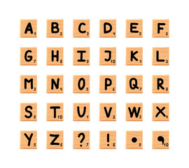 Wooden tiles alphabet. Square block with letters. Game asset, puzzle or crossword games UI, vector illustration.