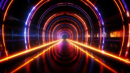 Fototapeta premium Futuristic red and orange tunnel corridor system with copy space. Modern architecture concept. AI generated.