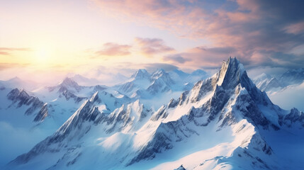 Fototapeta na wymiar Aerial view of snow-covered mountain peaks at sunrise, aerial photography, soft morning light, panoramic view. View on rocky mountains covered with snow. Beautiful alpine nature view. Alpine theme.