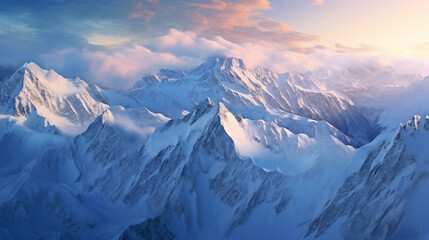 Fototapeta na wymiar Aerial view of snow-covered mountain peaks at sunrise, aerial photography, soft morning light, panoramic view. View on rocky mountains covered with snow. Beautiful alpine nature view. Alpine theme.