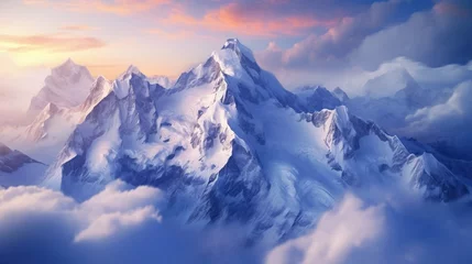 Foto op Canvas Aerial view of snow-covered mountain peaks at sunrise, aerial photography, soft morning light, panoramic view. View on rocky mountains covered with snow. Beautiful alpine nature view. Alpine theme. © Dirk