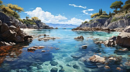 A rocky beach with blue water. Generative AI. - obrazy, fototapety, plakaty