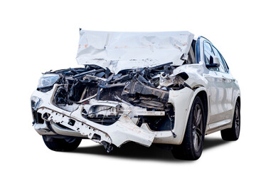 PNG Format,Full body front and side view of white car get damaged by accident on the road. damaged cars after collision. Isolated on transparent background with clipping path, car crash broken - obrazy, fototapety, plakaty