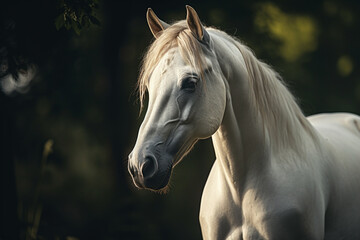 Cavalo branco no bosque com iluminação escura - Papel de parede