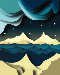 paper art of the blue sea in the night