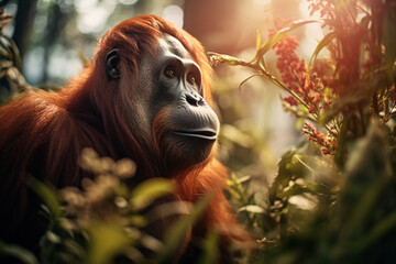 Orangotango na floresta tropical com iluminação do sol - Papel de parede 