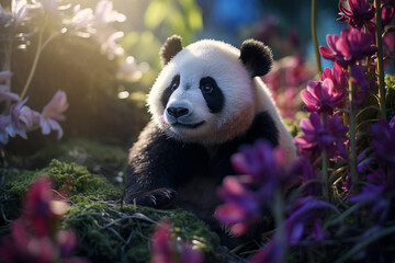 Panda na floresta tropical colorida com iluminação do sol - Papel de parede