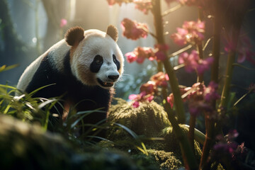 Panda na floresta tropical colorida com iluminação do sol - Papel de parede