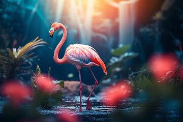 Flamingo rosa na floresta tropical com iluminação azul - Papel de parede