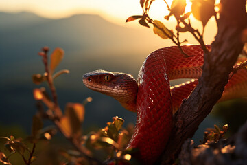 Cobra vermelha no galho de uma árvore sobre a luz do por do sol - Papel de parede  - obrazy, fototapety, plakaty